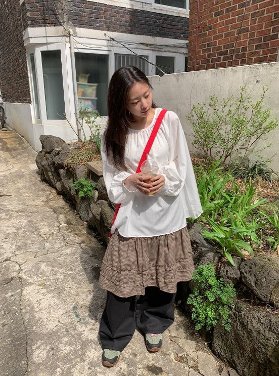 Betel Layered Check Midi Skirt