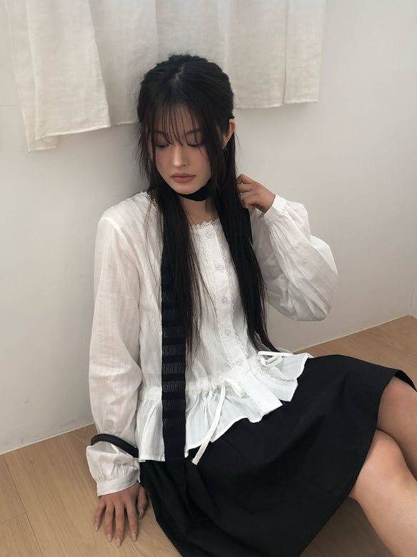 Ash Lace Waist Ribbon Strap Blouse