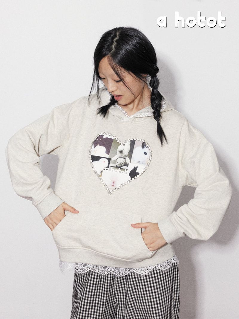 Rabbit printed , lace and rhinestone Hoodie