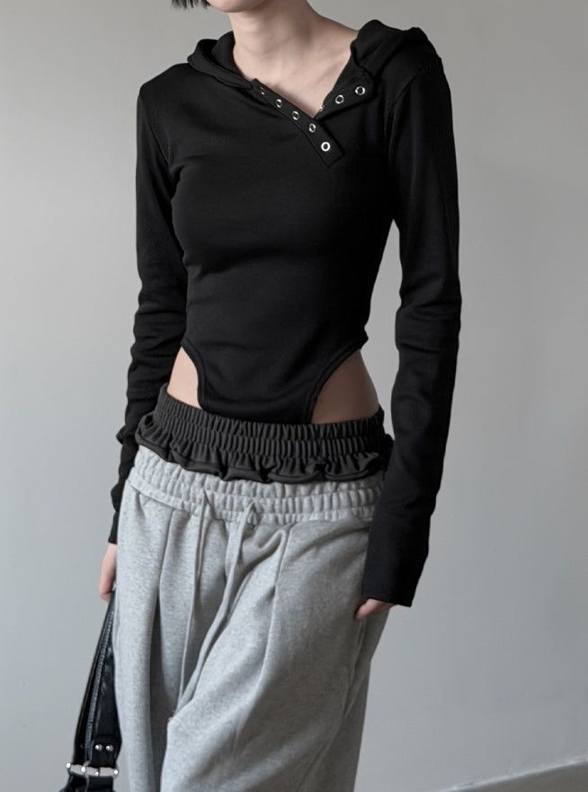 Cutout Bodysuit Unbalance Snap Hood