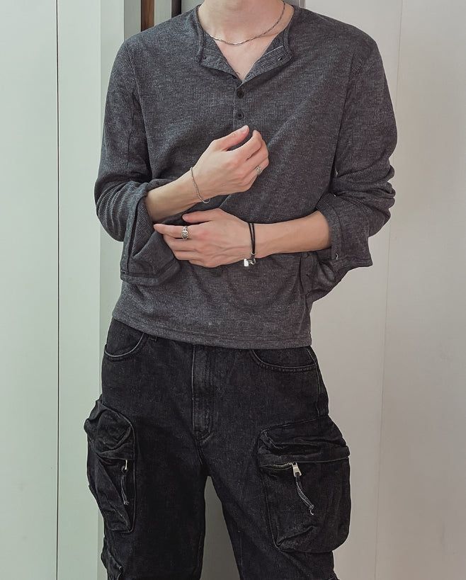 Div Ribbed Henley Neck Long Sleeve Tee 