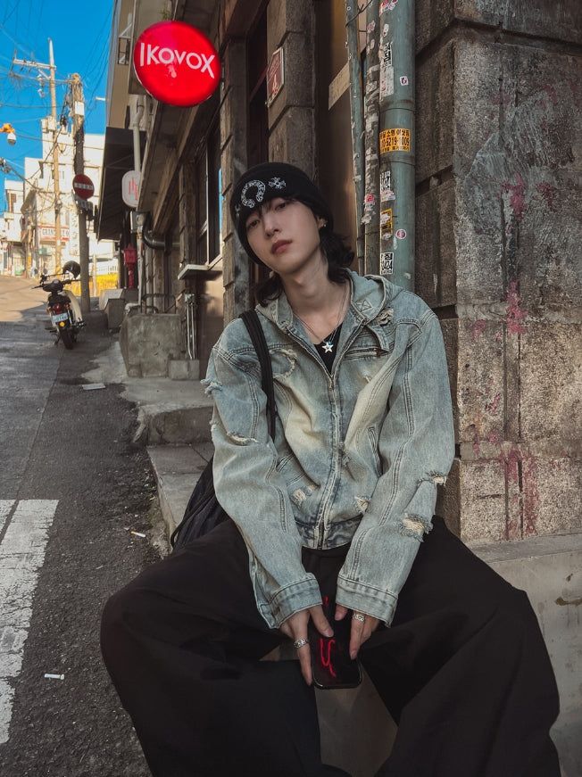 Chris damage hooded denim jacket