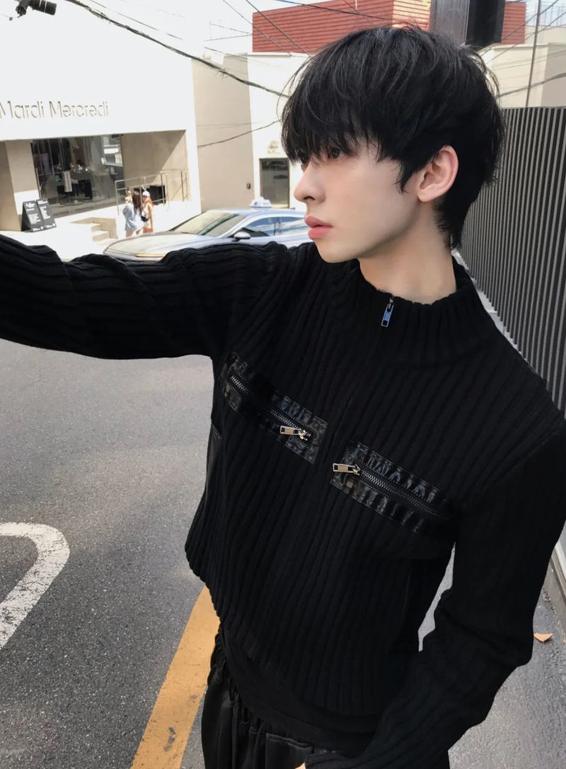 Black Leather-Pocket Knit Jacket