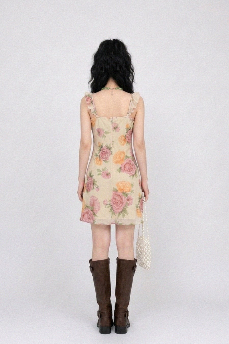 VINTAGE ROSE RUFFLE-STRAP MINI DRESS