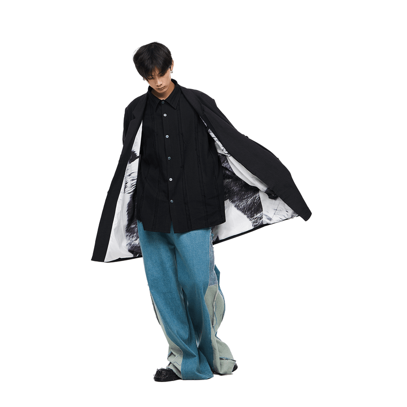 RELABEL Shoulder Pad Pleat Structure Misaligned Structural Line Silhouette Pin Lining Full Print Trench Coat Mid-Length