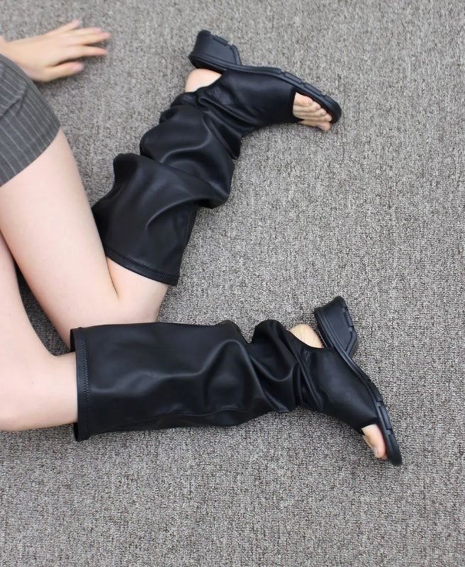 LEATHER THONG SLOUCH BOOTS