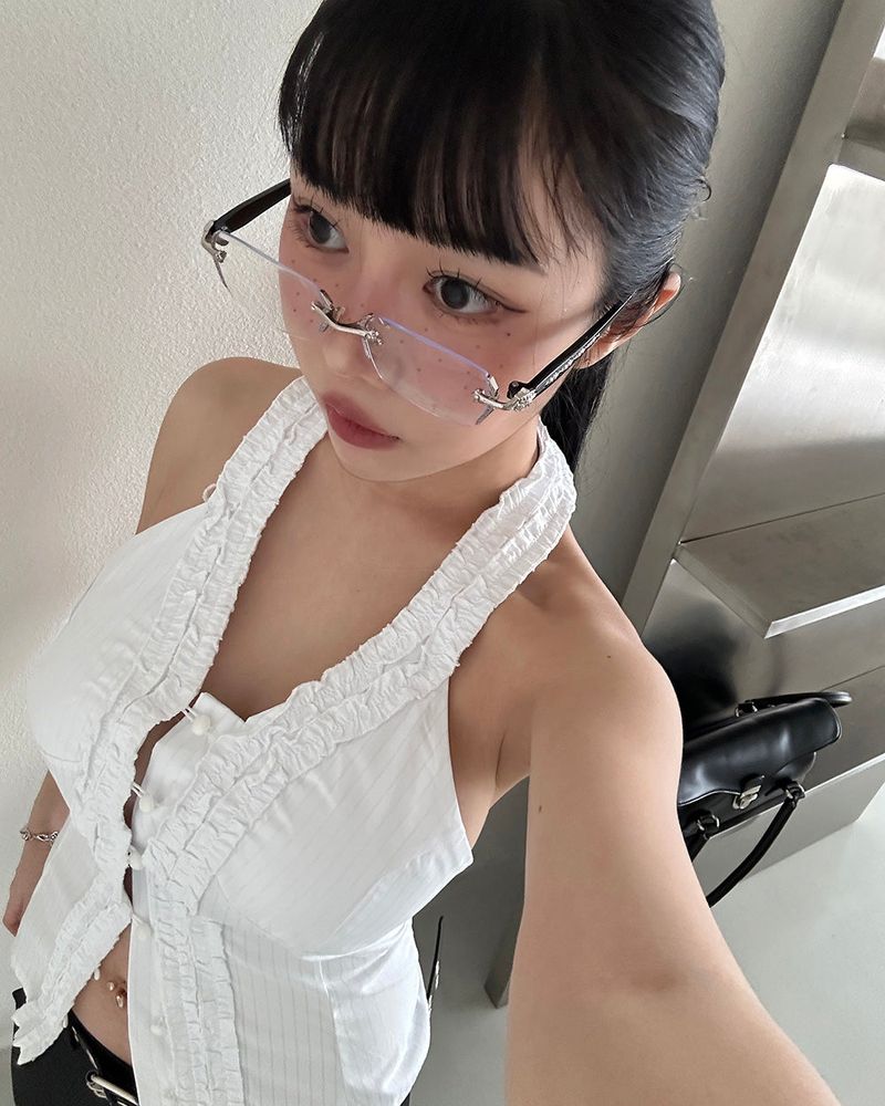 フリルホルターネックストライプシャツブラウス
