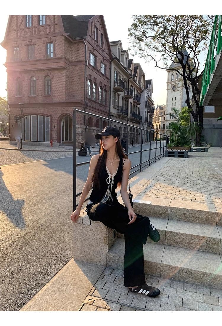 Black Lace Layered Vest Sleeveless Top