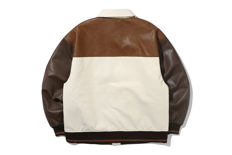 VEGAN LEATHER VARSITY JACKET_BROWN