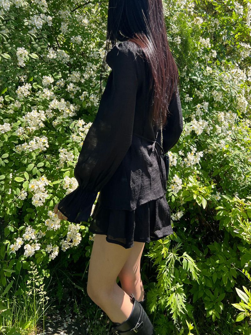 Ribbon puff strap blouse skirt pants setup SET (3 colors)