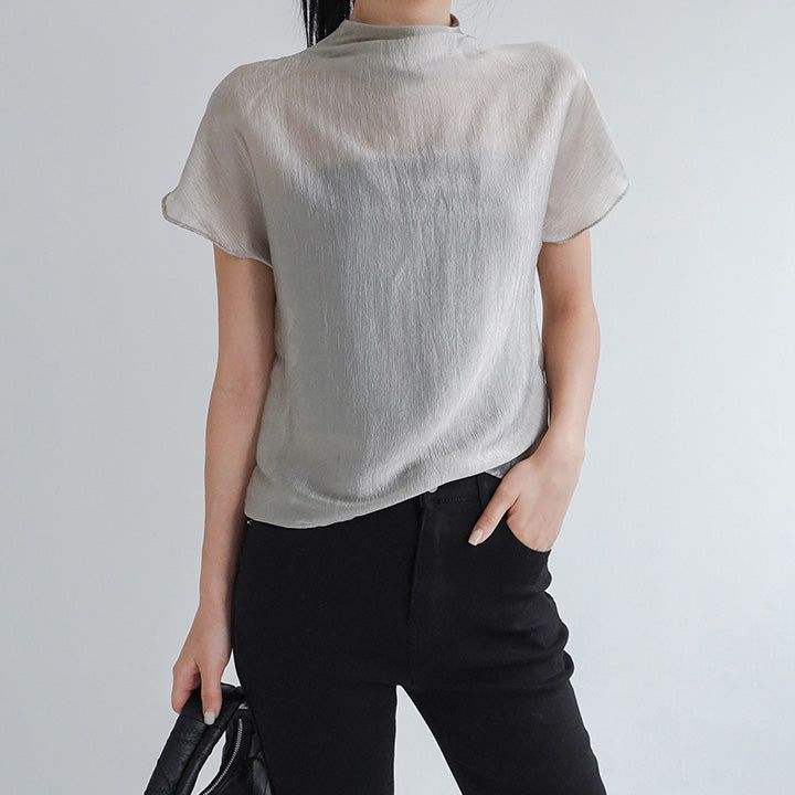 [Setinone] Half Neck Satin Short-Sleeved Blouse - 4 colors
