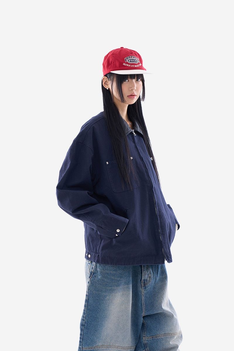 Leather collar vintage zip-up work jacket