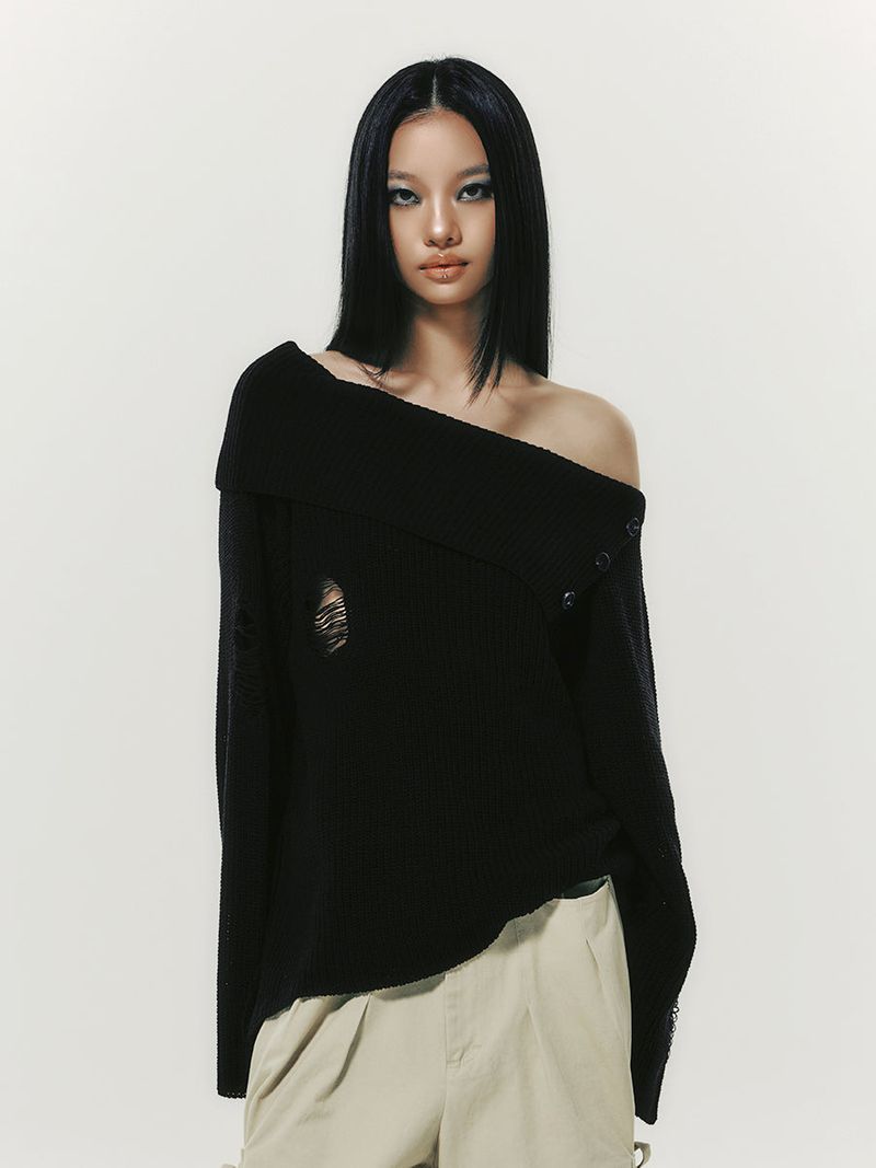 DAMAGE OFF SHOULDER KNIT BLACK