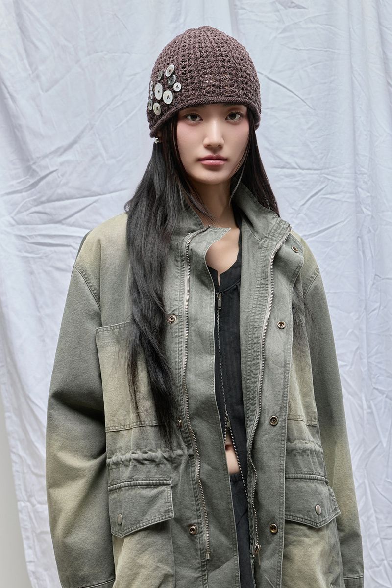 Washed High-Neck Field Jacket_Khaki