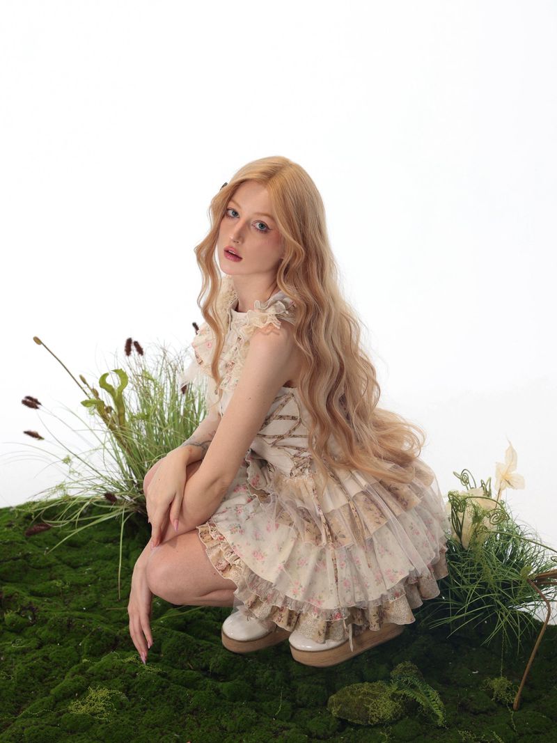 Rose Island オータムフォグ フラワー アシンメトリー フィットドレス ウエスト調整可能