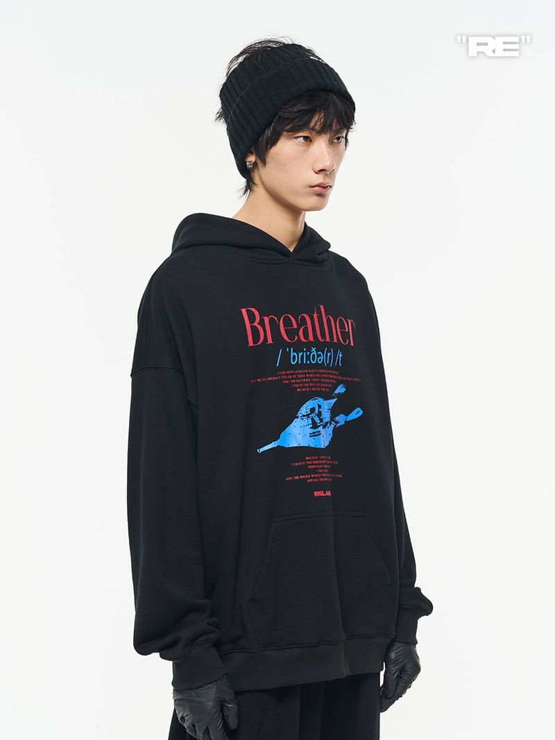 RELABEL Black Leather Windbreaker Theme Print Basic Long-Sleeve Printed Hooded Sweatshirt