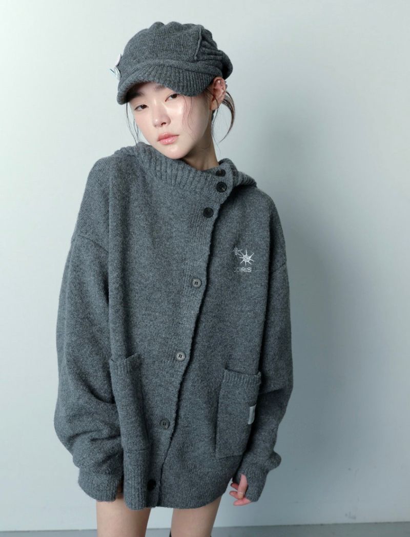 JONNY SLANTED BUTTON HIGH NECK HOOD KNIT CARDIGAN (2COLOR)