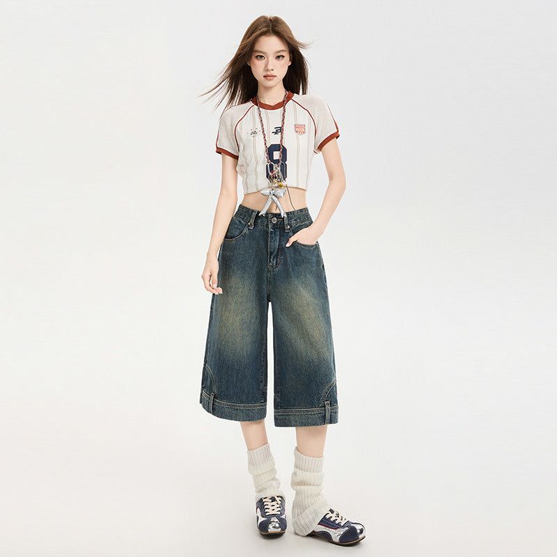 Reversed Detail Wide Denim Bermuda Pants