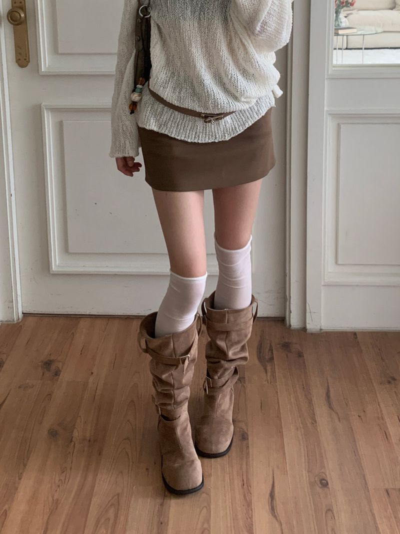 Rustle Buckle Strap Soft Slouch Suede Long Boots