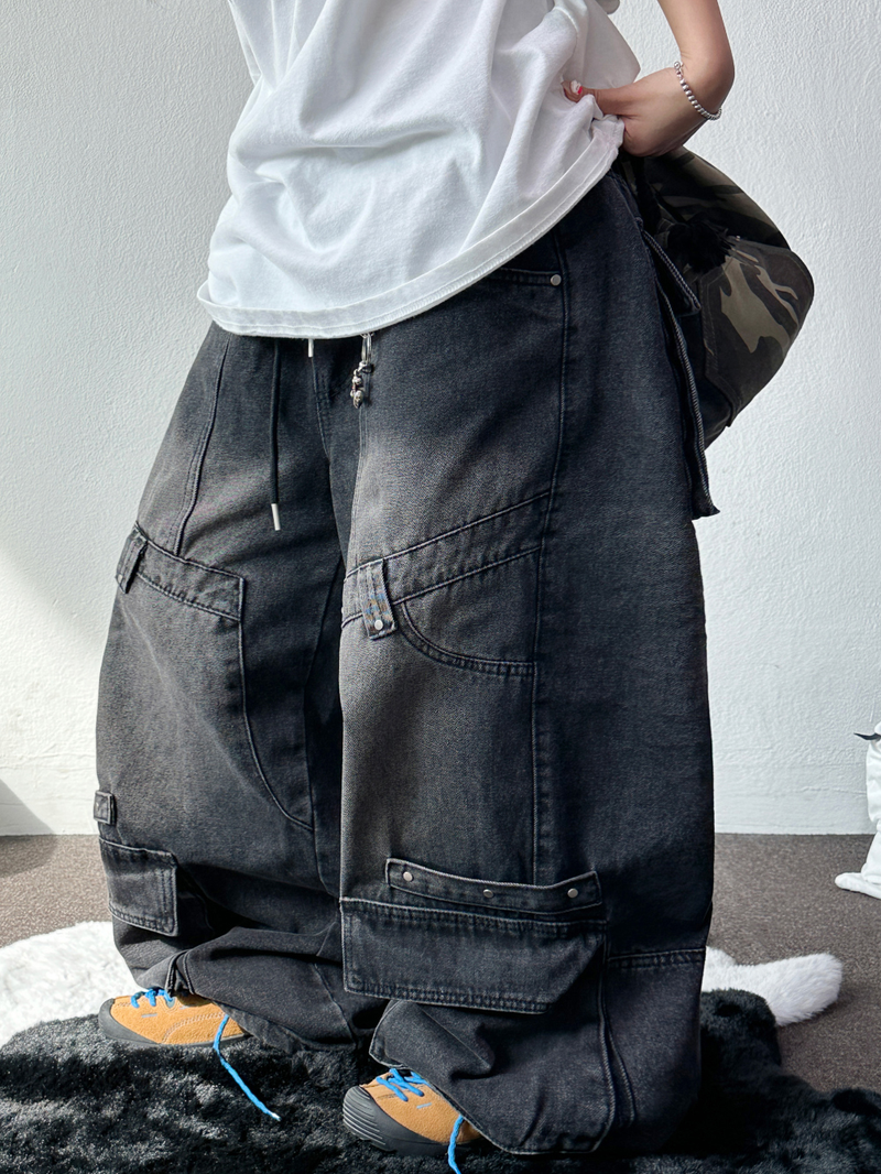 HIP RIVET KEYRING DOWN CARGO DENIM LONG PANTS🩵🩶 - 2 COLORS