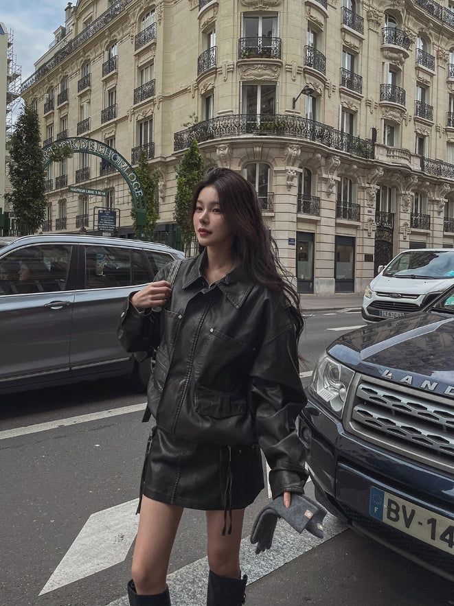 Teen vintage puffer work leather jacket