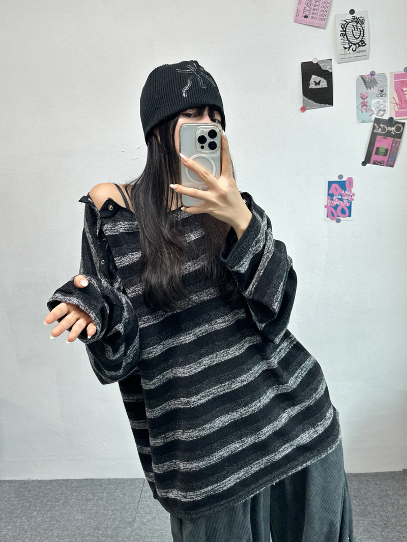 SHOULDER SNAP WARMER POINT STRIPED KNIT🤎🖤🧸 - 2 COLORS