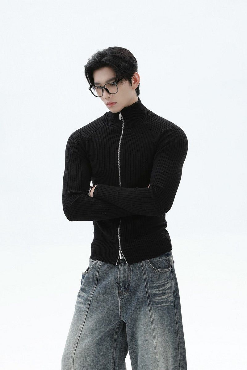 Fitted Ribbed Knit Zip Cardigan