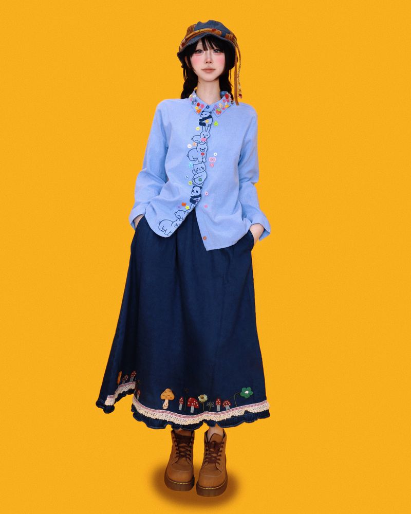 mushroom denim long skirt (2color)
