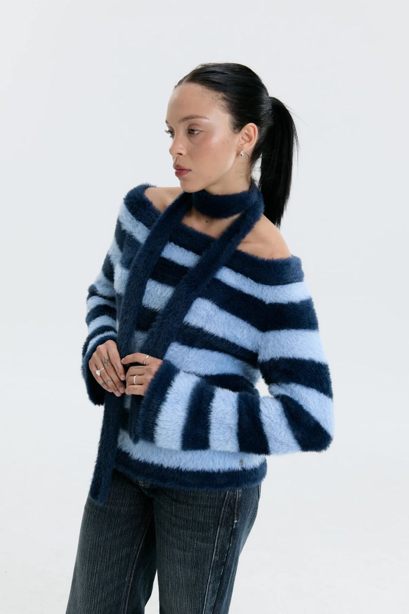 We Fell In Love In Reality（ウィ フェル イン ラブ イン リアリティ）の「Luv Dept / Fluffy Stripes Sweater with Skinny Scarf- 2 colours （Tops）」