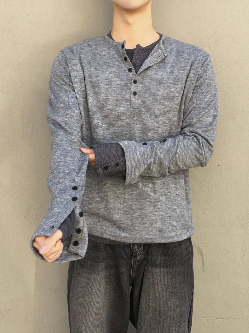 Karu Ribbed Henley Neck Button Long Sleeve 3C