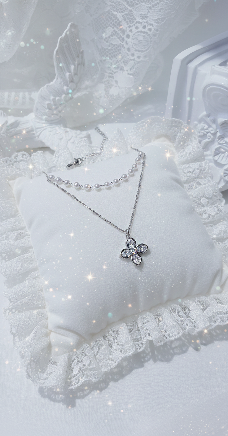[NMIXX ジウ Necklace] ルナ ブロッサム レイヤード ネックレス - Silver color