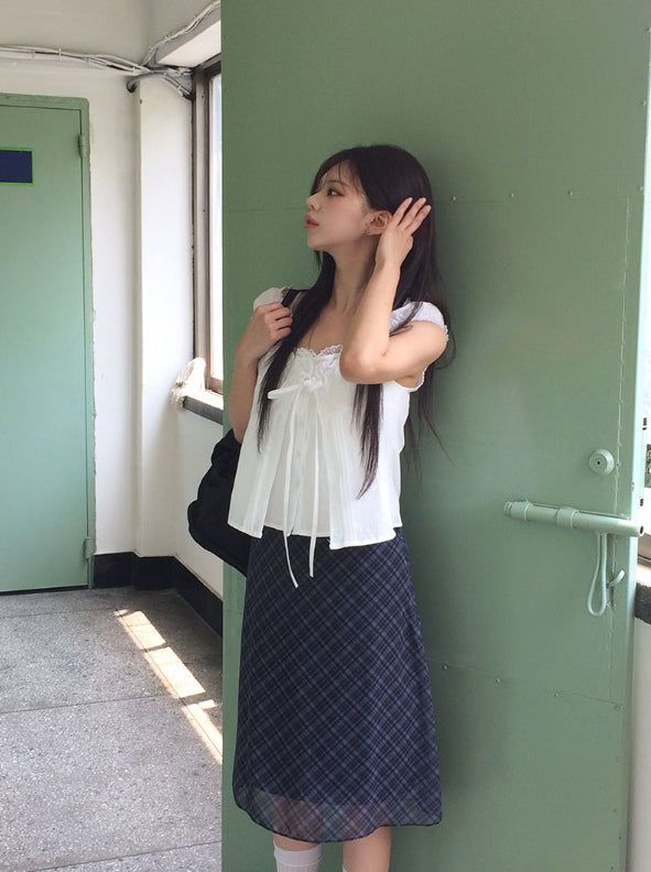 Conse Chiffon Check Midi Skirt