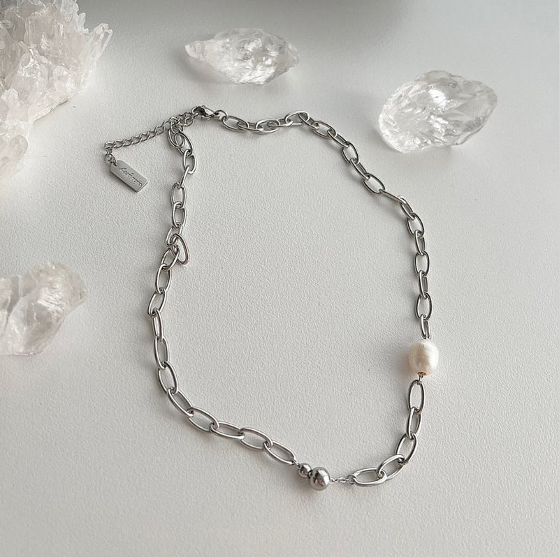 dpps Freshwater Pearl Bold Chain Ball Stainless Steel Titanium Layered Guest Necklace