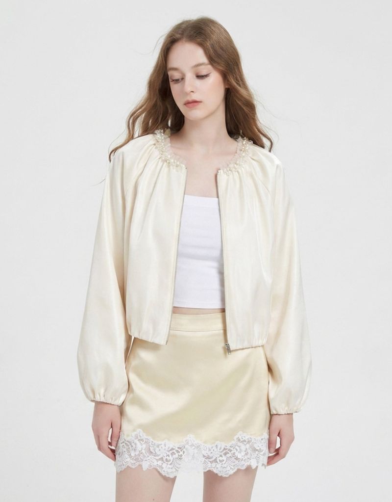 [PRE-FALL] Celie Pearl Trim Balloon Sleeve Zip-Up Blouson Ivory