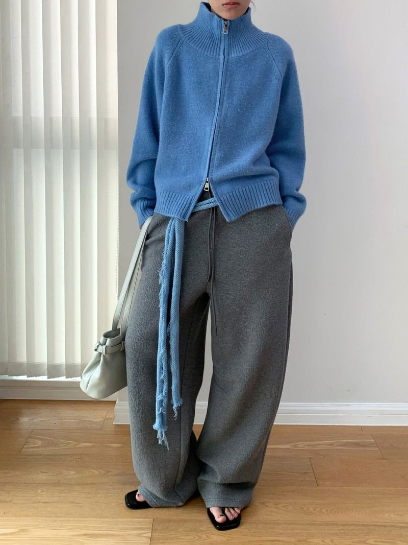 Stand Collar High Neck Zip-Up Long Sleeve Knitwear