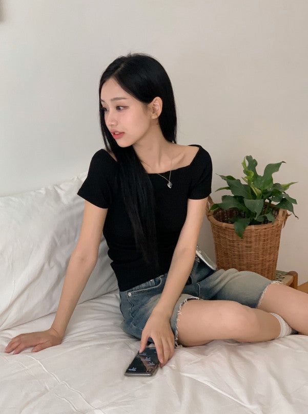 Off Shoulder Slim Rib Short Sleeve T-shirt (3color)
