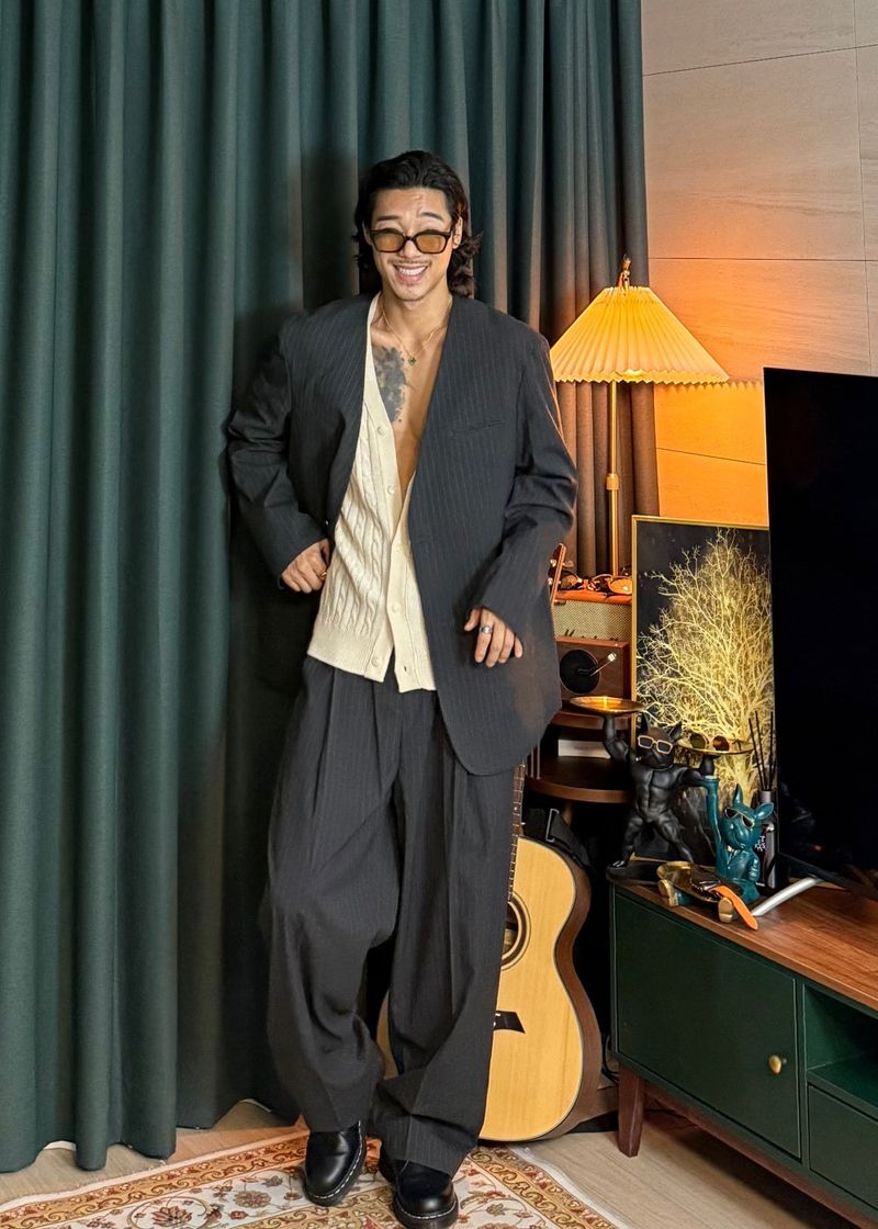 No-Collar Striped V-Zip Slacks 2COLOR