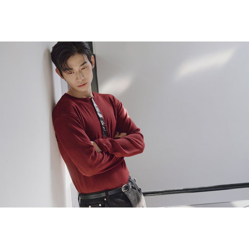 Leather ribbed henry neck long sleeves(Burgundy)