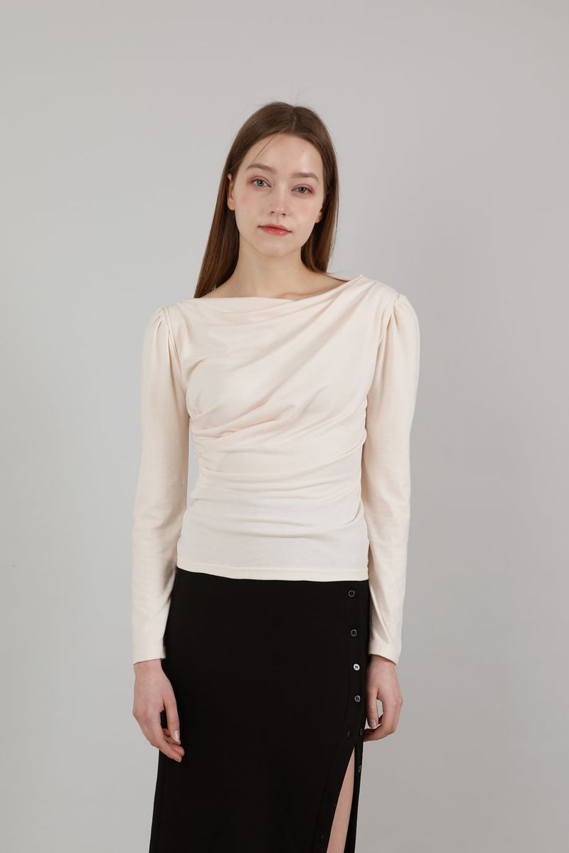 Drape Puff Shirring T-shirt Beige