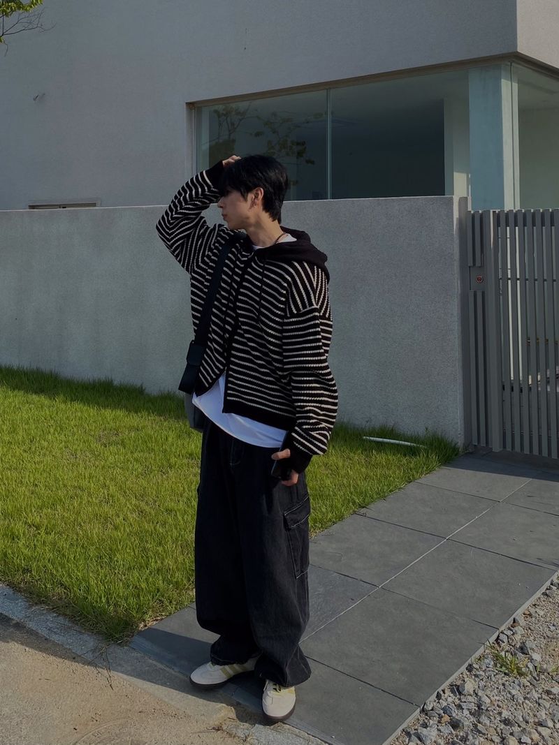 Stripe knit hooded zip up 3C