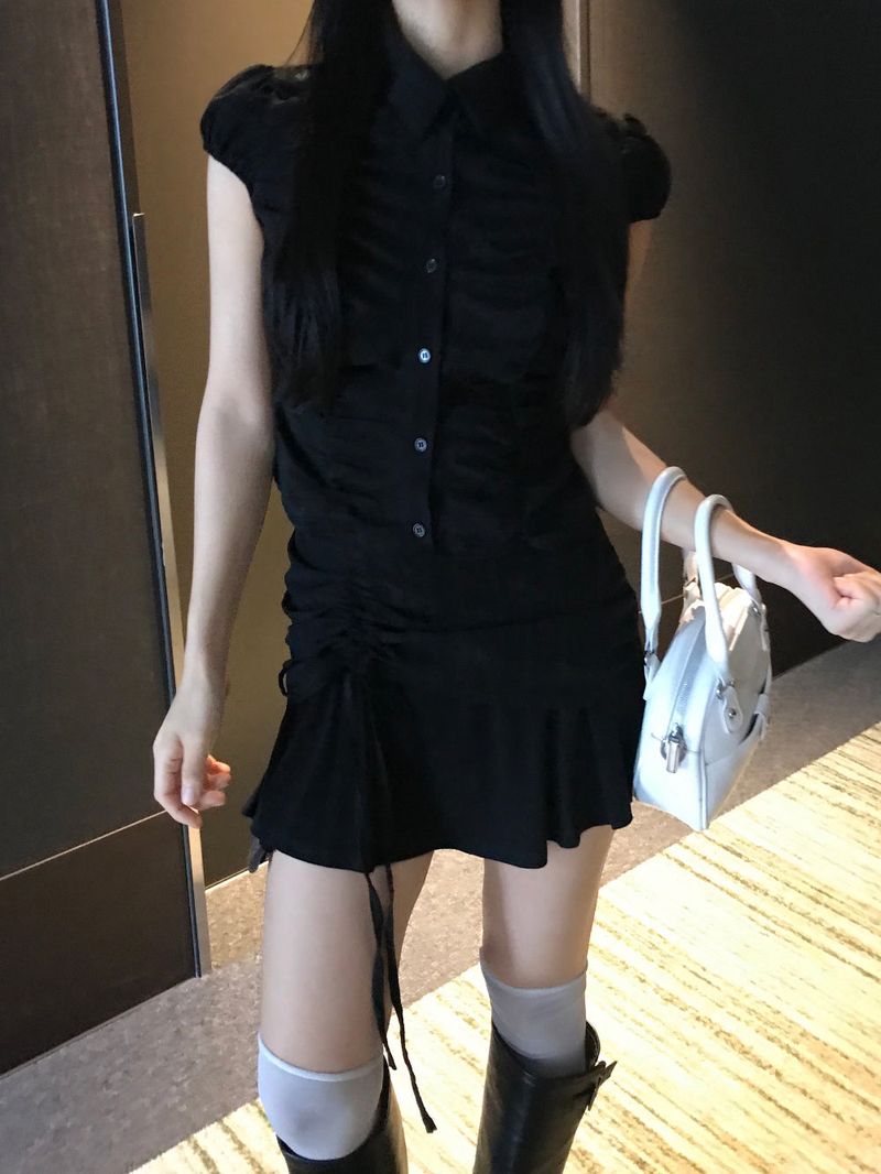 City Class Sheer Shirring HAlf Shirt& Skirt SET 