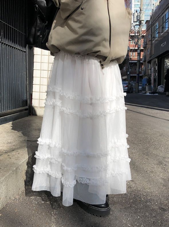 ペブルティアードフリルレースチュールロングスカート