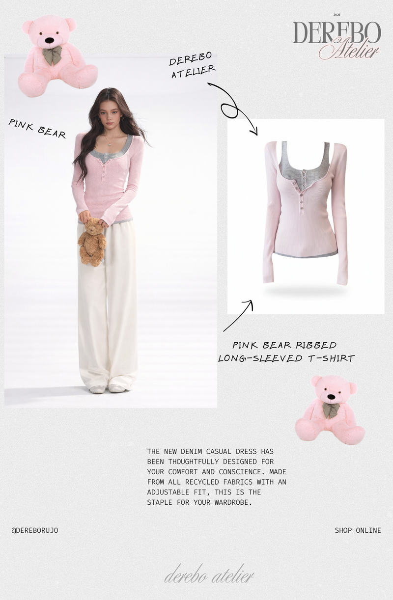 Pink bear ribbed long-sleeved T-shirt