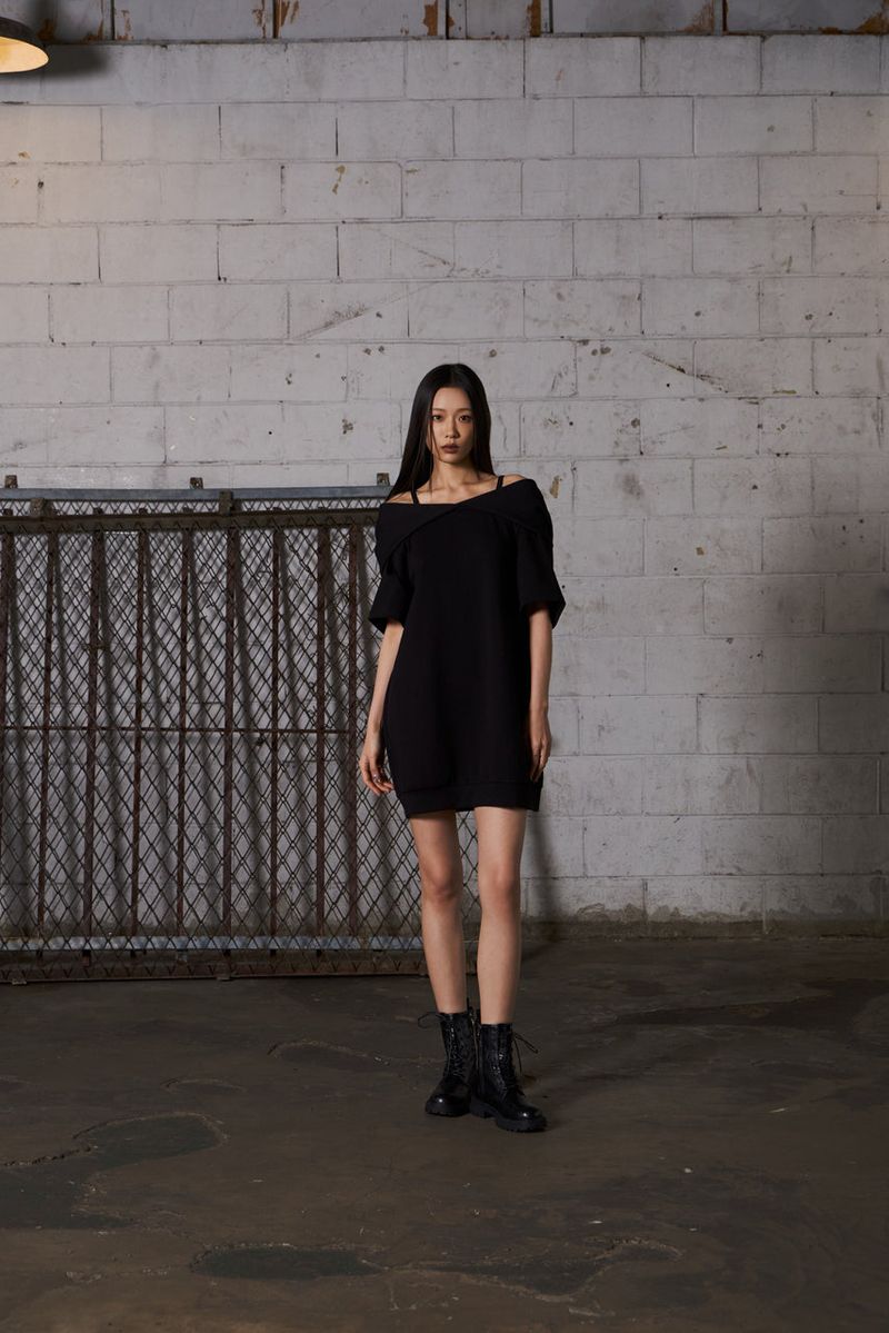 2Way Big Hood Off-Shoulder Mini Dress - Black