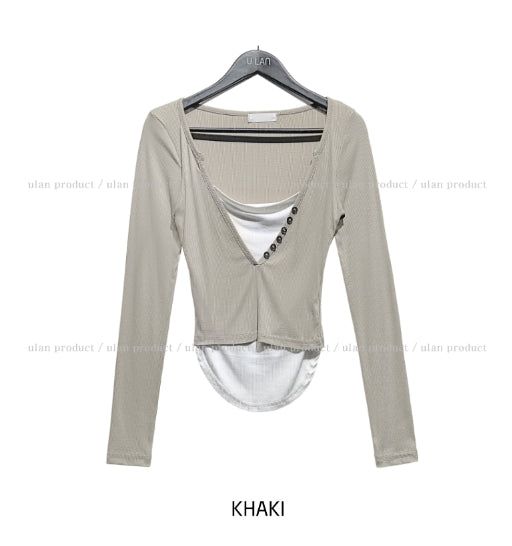 Ash Ribbed Deep Button Layered Long Sleeves
