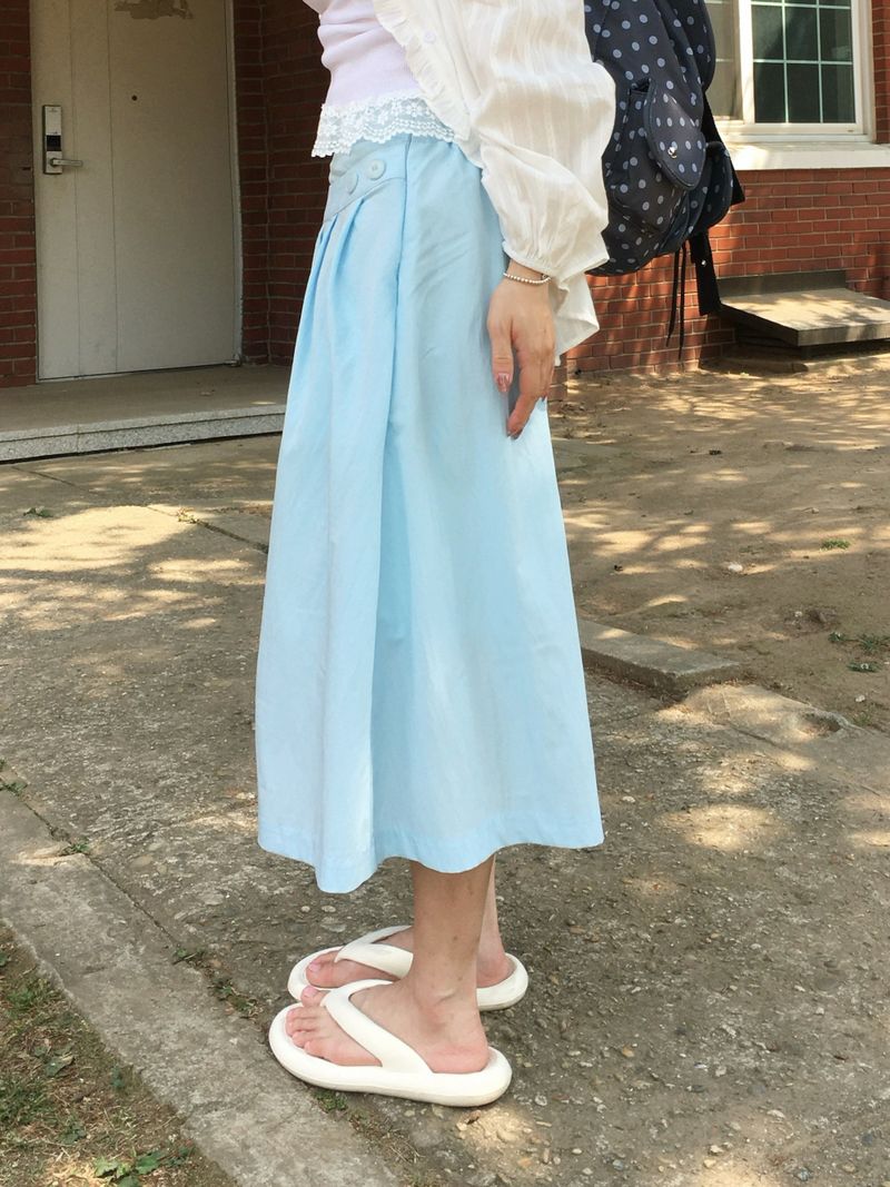 Button Minimal Pin-tuck Sagging Skirt (3c)