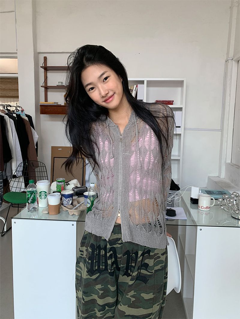 NET SEE-THROUGH KNIT HOOD ZIP-UP