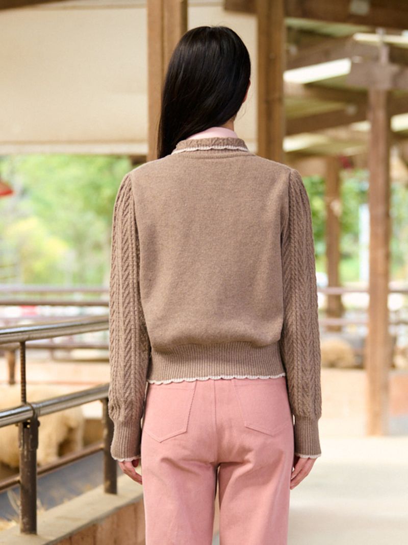 Wavy Collar Cable Merino Cardigan (Brown)