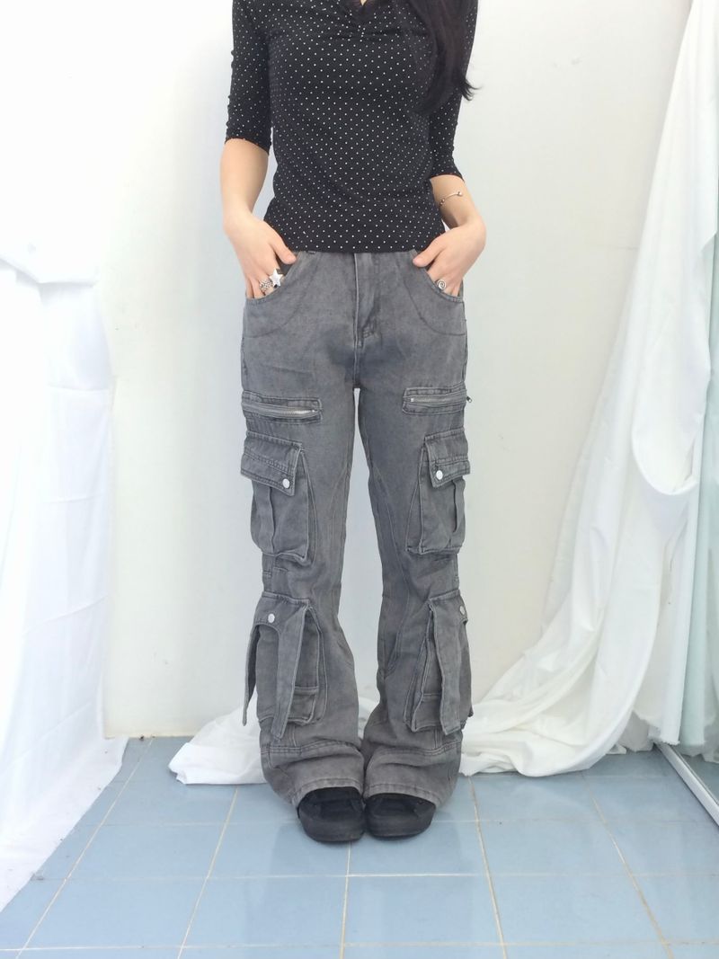 Pocket-line zipper bootcut pants