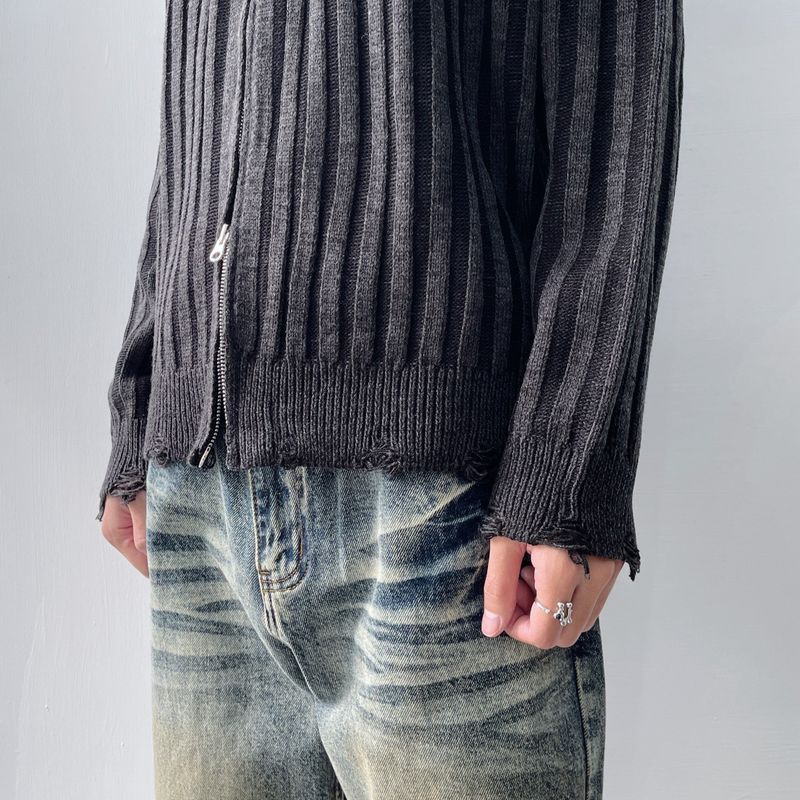High-Neck Stripe Knit Jacket